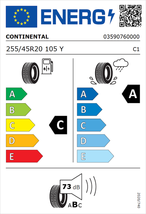 Tyre Label for Continental PremiumContact 6 255/45R20 105Y