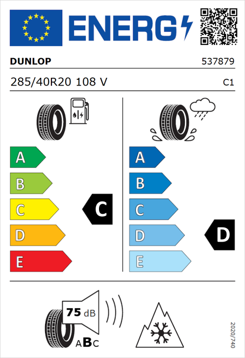 Tyre Label for Dunlop SP Winter Sport 5 SUV 285/40R20 108V