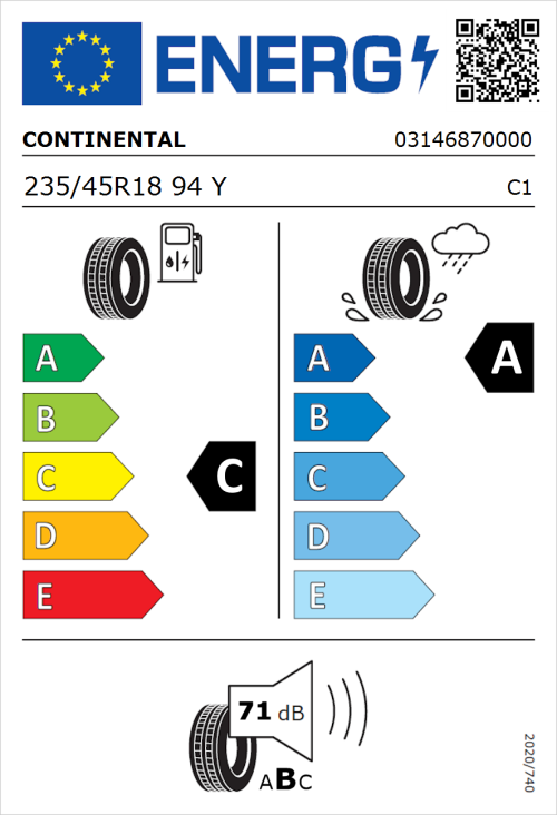 Tyre Label for Continental PremiumContact 6 235/45R18 94Y