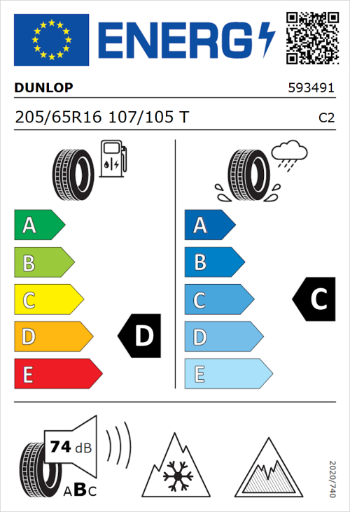 Tyre Label for Dunlop Econodrive A/S 205/65R16 107/105T