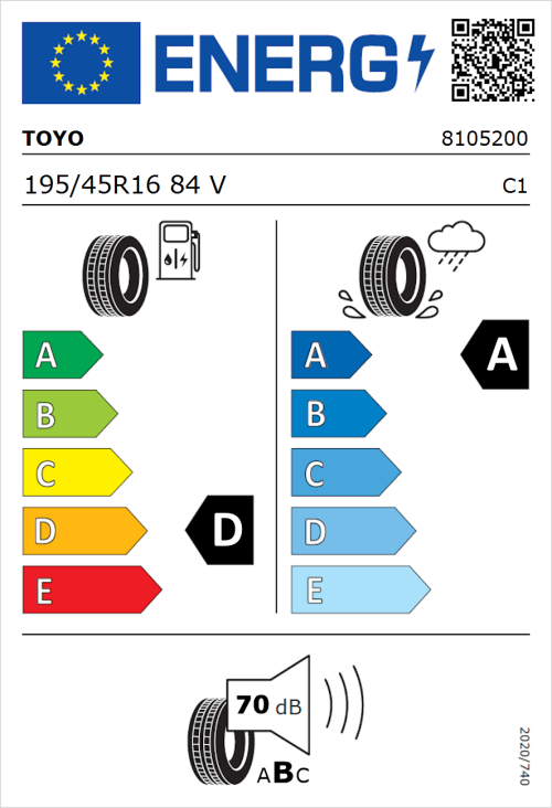 Tyre Label for Toyo Proxes Comfort 195/45R16 84V