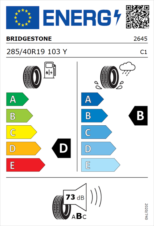 Tyre Label for Bridgestone Potenza RE050A 285/40R19 103Y
